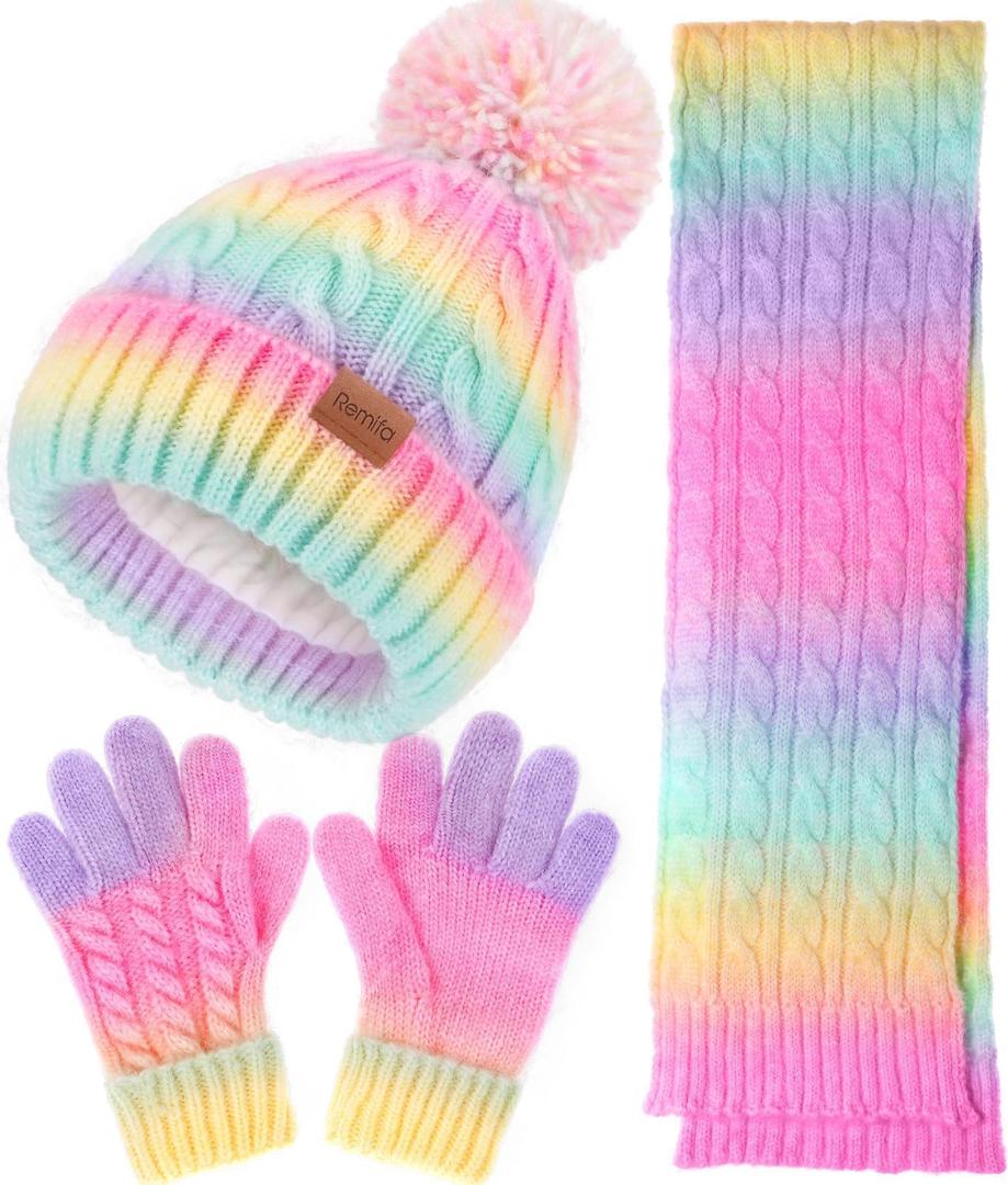 Kids Winter Hat Scarf Gloves Set, Girls Boys Toddler 8% Wool Warm Fleece Lined Pom Pom Beanie Hat Knit Neck Scarf Soft Thick Mittens Gloves for Cold Weather 3 In 1 Birthday Christmas Gift for Children