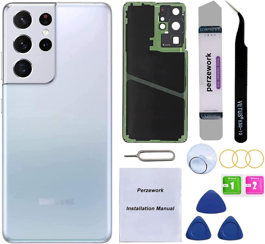 Rear Back Glass Replacement for Samsung Galaxy S21 Ultra 6.8-inches with Repairing Toolkit (Phantom Silver)