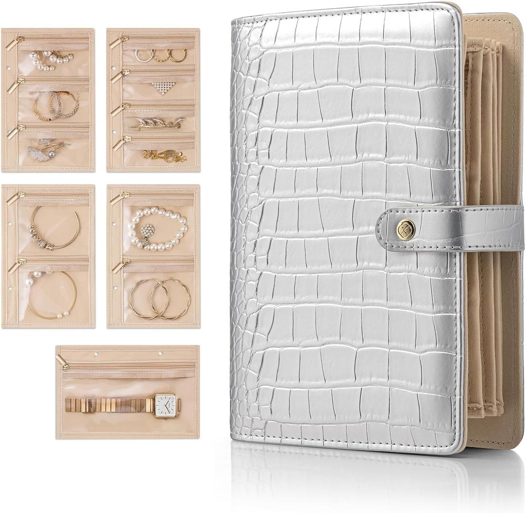 Vlando Jewelry Book Organizer - Leather Travel Jewelry Case with 5 Detachable Pages for Necklaces Rings Earrings, Tangle-Free, Giftable, Croco Silver (Medium)