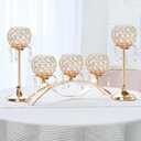 Kehail Set of 3 Gold Crystal Tea Light Candlestick Holders Flower Shape with Crystal Pendant Bowl Votive Metal Candle Holder for Table Centerpieces Wedding Home Decor (Set of 3, Gold)