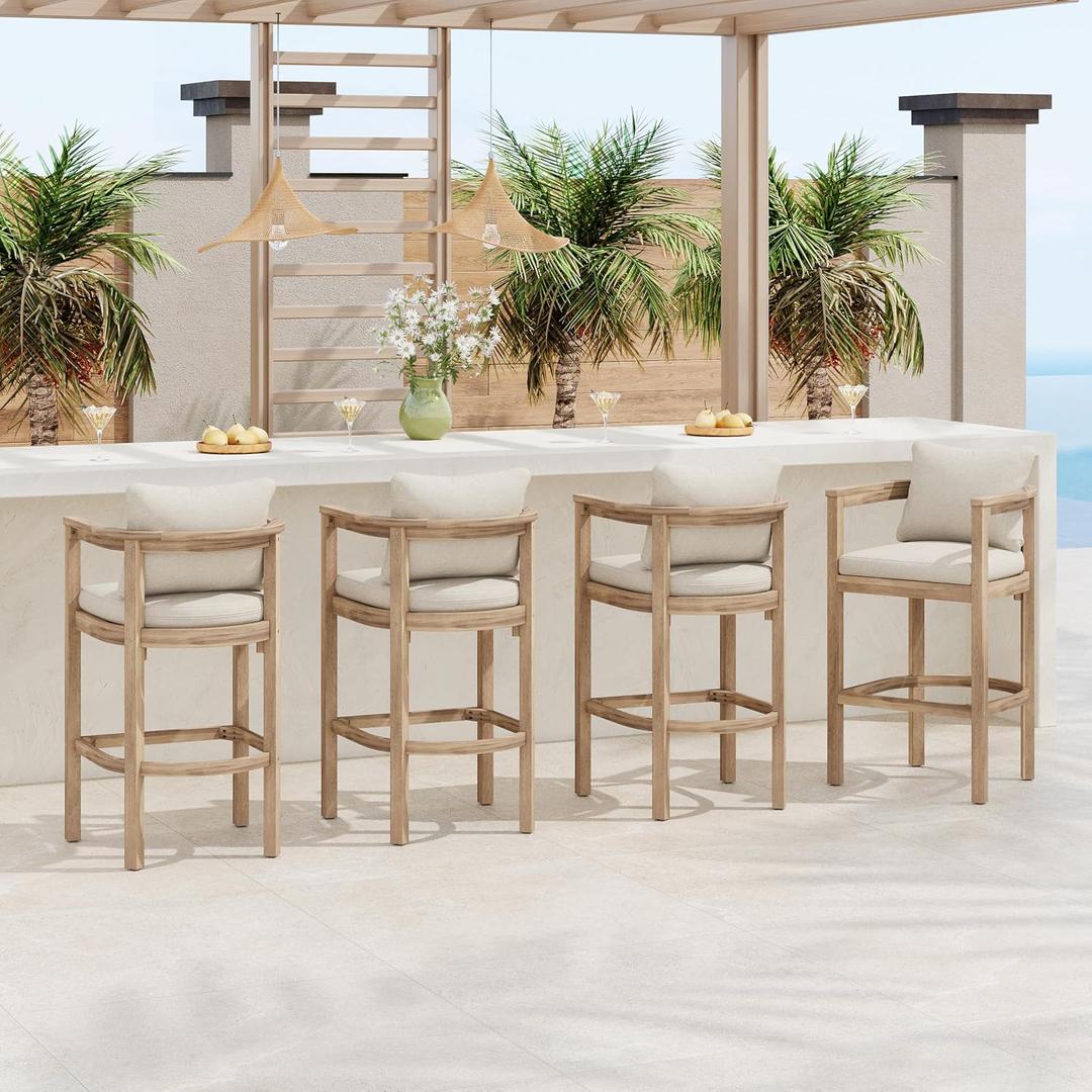 Christopher Knight Home Kuart Acacia Wood Outdoor Bar Stool Set of 4 with Cushion, Patio Armchair Set for Bar Table, Wooden Patio Counter Height Bar Stool with Footrest, Natural Washed+Beige, Medium