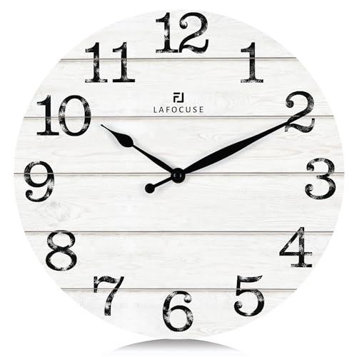 Lafocuse 12 Inch Silent White Wall Clocks for Kitchen Living Room Decor, Wooden Rustic Wall Clock Battery Operated, Decorative Farmhouse Clock
