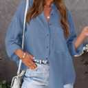 NOLLSOM Casual Shirts for Women Long Sleeve Button Down Blouses Spring 2026 Solid Color Trendy Tops with Pocket (Blue, M)
