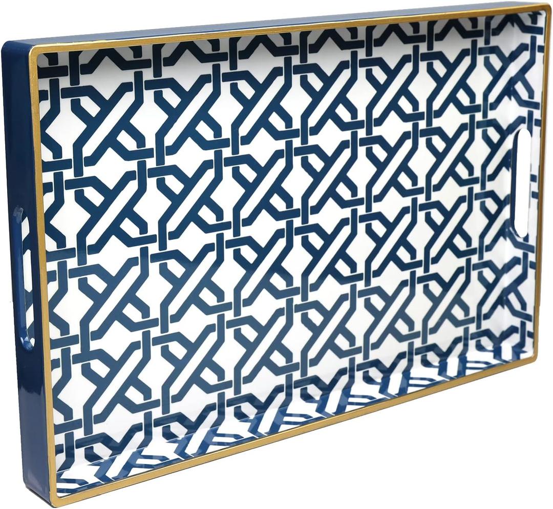 Spsyrine White Serving Tray, Plastic Marbling Tray for Coffee Table, Stylish Rectangular Decorative Tray with Handles, Ottoman Tray for Living Room, Bathroom, 15.6 X 10.2"