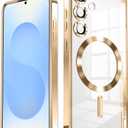 Slim Thin for Samsung Galaxy S25 Case, Compatible with MagSafe, Built-in Camera Lens Protector, Shockproof Protective Phone Case, Soft Electroplated Clear Phone Cover, Gold