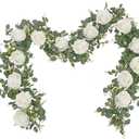 Dolicer 2Pcs 13Ft Artificial Eucalyptus Garlands with Flowers - 8 Roses, Faux Floral Greenery Garlands Fake Flowers Vines for Wedding Table Centerpieces Arch Party Ceremony Backdrop Decor (White)