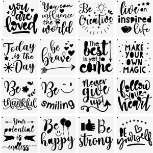 Zonon 16 Pcs Inspirational Word Stencil 7.87 Inch Motivational Quote Reusable Polyester Film Template Stencils with Open Ring for Back to School Students Crafts Painting on Wood, Drawing Wall