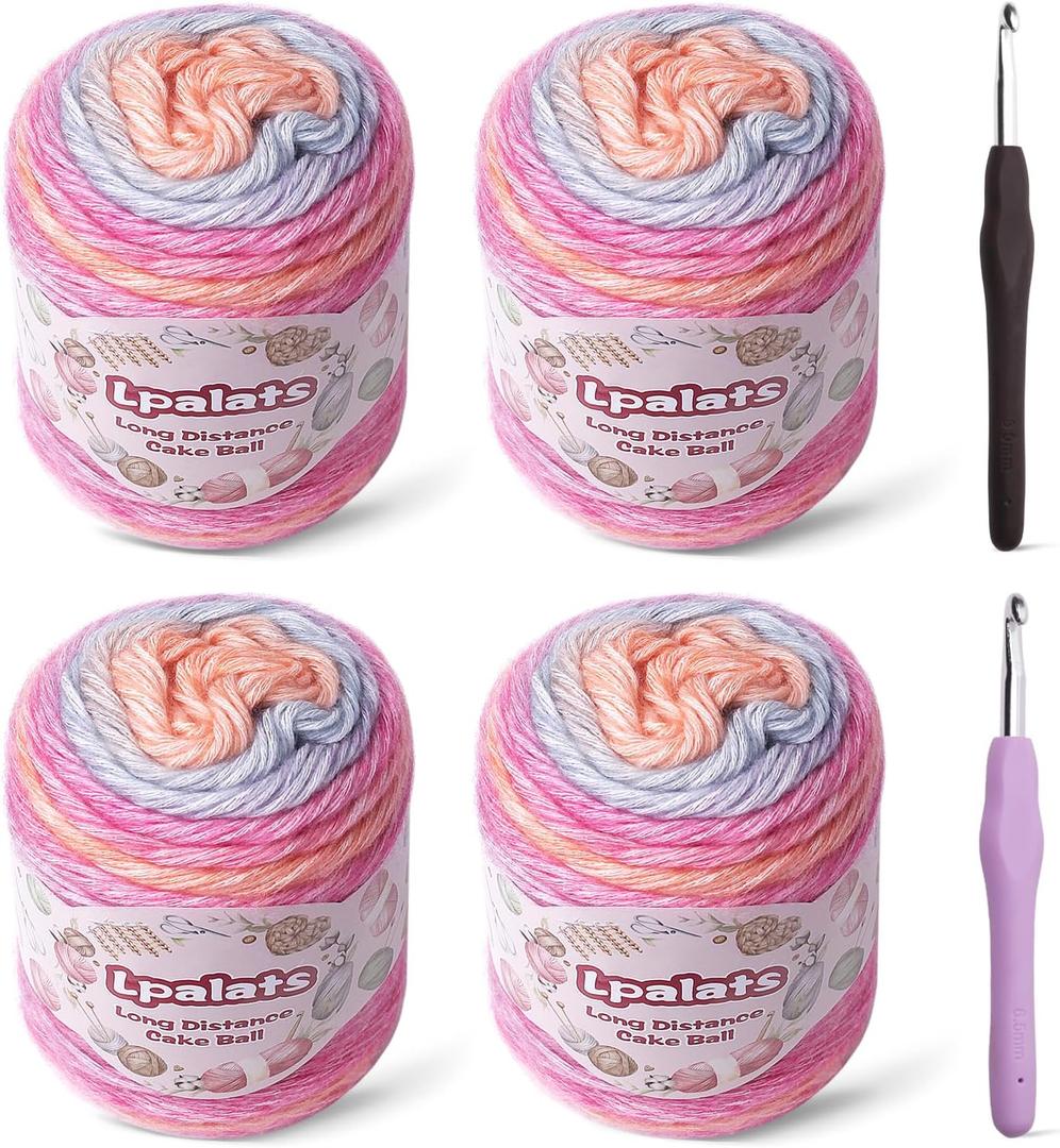 Ombre Yarn for Crocheting - 4x100g Soft 60% Cotton 40% Acrylic Yarn - 962 Yds Gradient Cake Yarns for Knitting Shawls Blankets Sweater with 2 Crochet Hooks (4, Pink Gradient)