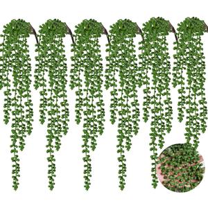 RECUTMS 6pcs Artificial Succulents Hanging Plants Fake Hanging String of Pearls Plant Faux Greenery Wall Plants for Spring Indoor Outdoor Home Bedroom Patio Garden Easter Decor