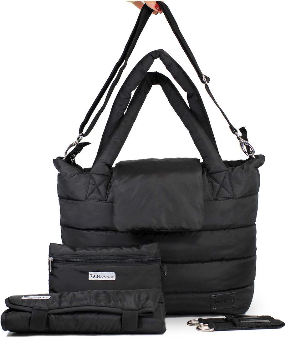 7AM Voyage Baby Diaper Bag – Waterproof Capri Diaper Bag with Crossbody Straps, Multifunctional Baby Travel Bag Tote with Stroller Straps | (Black)