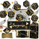 Birthday Surprise Gift Box Explosion for Money, Exploding Money Gift Box for Cash Pop up Birthday Money Explosion Box Surprise Party Gift 12 Folding Bounce Boxes for Men Women Kids, Black Gold