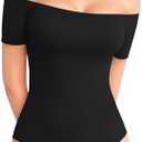 MANGOPOP Women's Off The Shoulder Long Sleeve Short Sleeve Bodysuit Sexy Backless Body Suit Tops (XXL, 02 Short Sleeve Black)