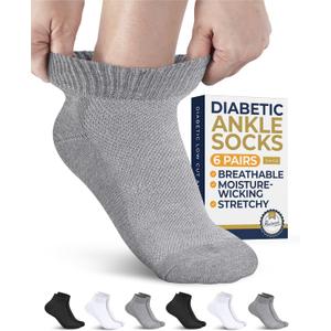 Pembrook Ankle Diabetic Socks for Women and Men - 6 Pairs | Low Cut Neuropathy Socks for Women | Smooth Toe Seams (L)