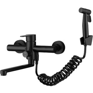 Kitchen Sink Wall Mount Faucets, Matte Black Commercial Faucet with Side Sprayer,Stainlesss Steel Mixer Tap, Unility Sink Faucet, 7.5-8.5 Inches Center, Spout Reach 9.2"