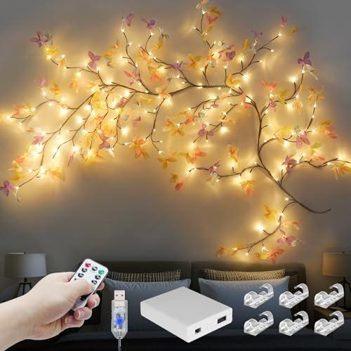 FNHMSL Butterfly Enchanted Willow Vine Lights, 7.55FT 144LED 3 Color Butterfly Blossom Tree Branch Lights for Wall, Remote Timer,8 Light Model,Bedroom Wall Doors Wedding, Christmas, USB Battery Box