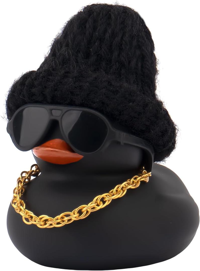 wonuu Car Dashboard Colorful Rubber Ducks, Christmas Eve Decorations Rubber Ducky for Car Ornament Cute Duck with Knit Hat, Glasses, Necklace (Black)