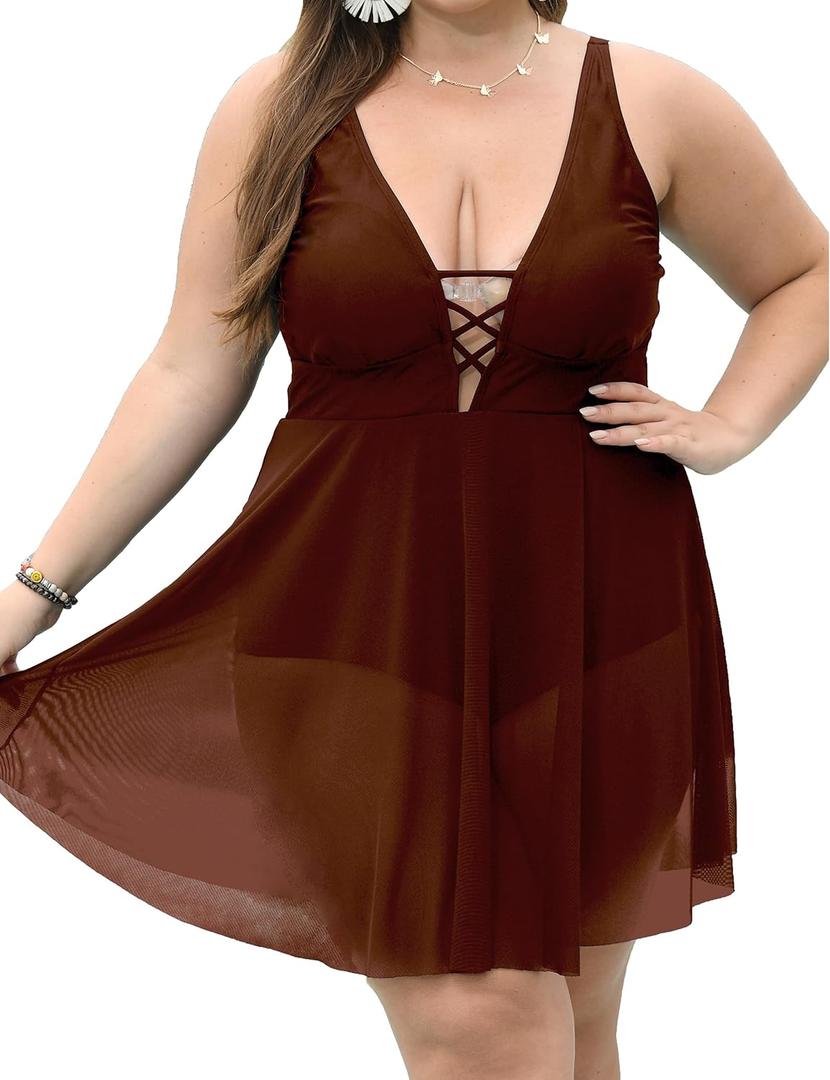 Plus Size Swimdress for Curvy Women Mesh Romper Swimsuit Deep V Neck One Piece Bathing Suits Ladies Swimwear 2025