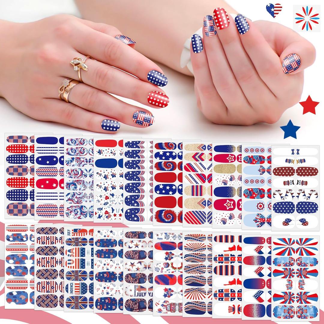 SILPECWEE 20 Sheets 4th of July Nail Wraps Independence Day Nail Polish Stickers Patriotic American Nail Polish Strips Self Adhesive Fingernail Sticker Nails for Women with Nail File