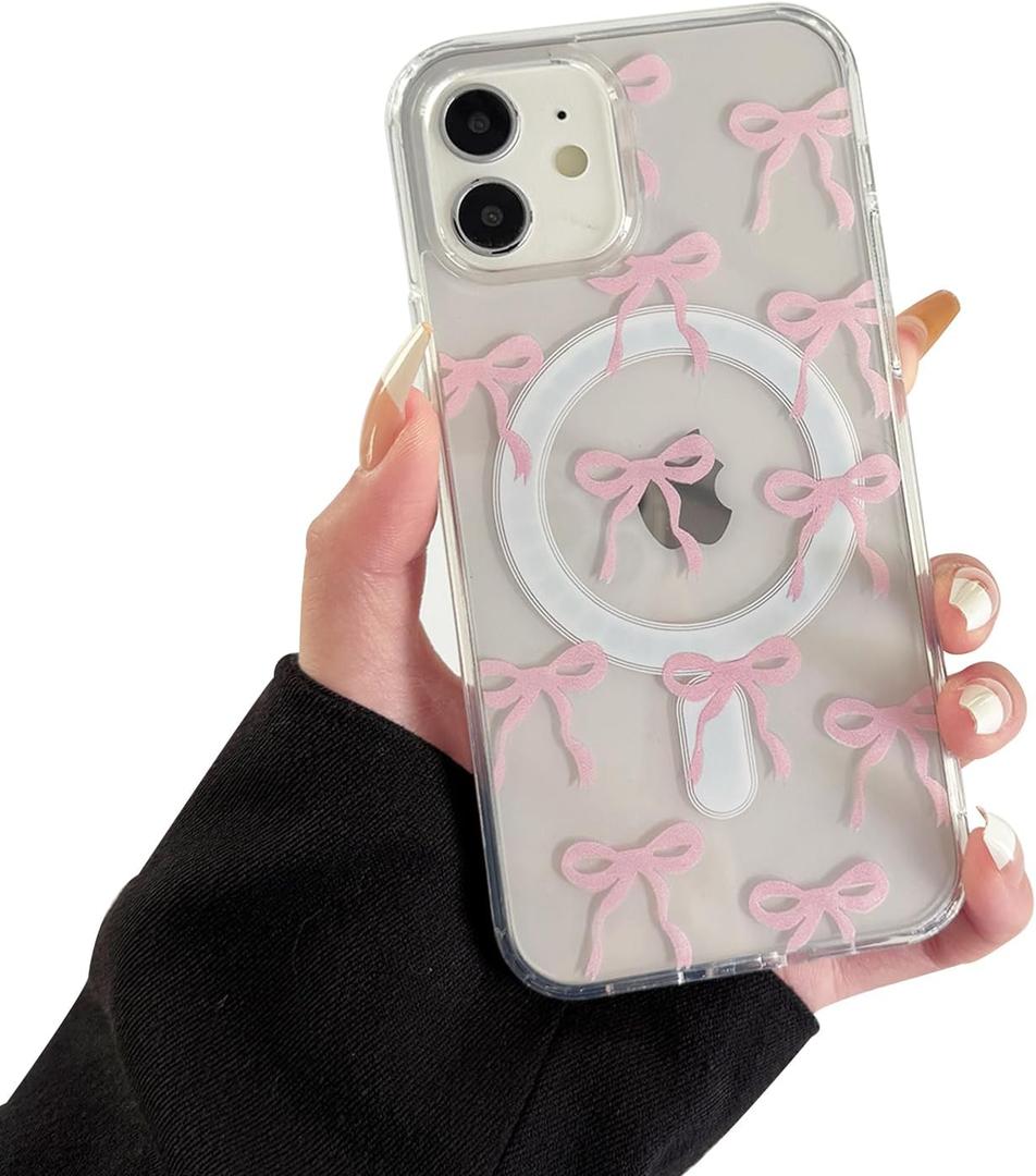 Compatible with iPhone 11 Case,Cute Pink Bow Pattern (Compatible with MagSafe),Clear Soft TPU and Hard PC Shockproof Protective Cases for iPhone 11 - Pink