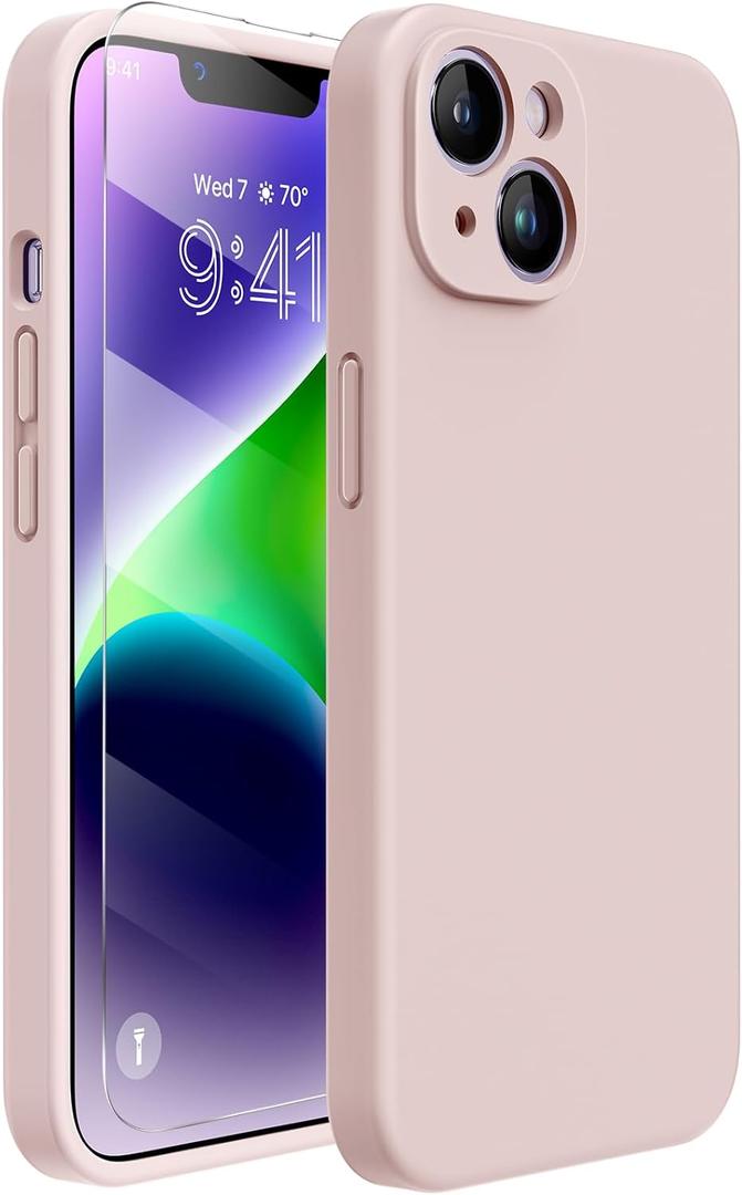 Miracase Designed for iPhone 14 Case with Screen Protector, [Upgraded Enhanced Camera Protection], Shockproof Liquid Silicone Case with Microfiber Lining, 6.1 inch, Sand Pink