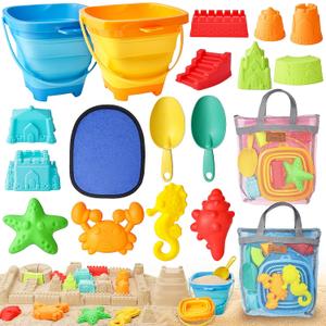 LovesTown Collapsible Beach Toys for Kids, Collapsible Sand Bucket and Shovels Set with Mesh Bag & Sand Molds, Beach Vacation Essentials, 19PCS