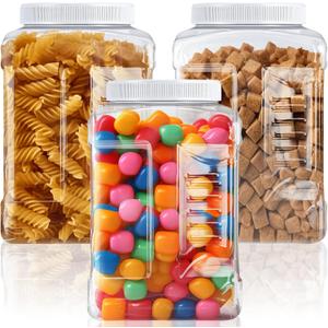 Ziliny 3 Pcs 1 Gallon Clear Plastic Jar with Lid Wide Mouth Square Screw Top Food Storage Containers, PET Plastic Empty Grip Jar Canisters for Candy Cookies Kitchen Food Safe(White Lid)