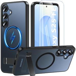 Samsung Galaxy S25 Fe Case with Stand&Screen Protector,Strong Magnetic Galaxy S25 Fe Phone Case[Adjustable 3 Kickstand Ways] Military Protection Slim Shockproof Cover for Samsung S25 Fe 5g,Black