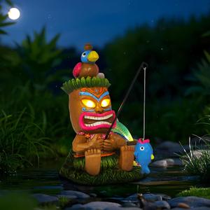 Solar Tiki Garden Statues: 8'' Funny Tiki Bar Decor with Solar Light Outside Decoration for Lawn Yard Patio Garden Gifts for Housewarming (Fishing)