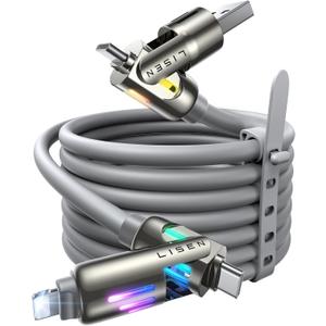 LISEN USB C to Lightning Cable, Chubby 240W 4 in 1 Charging Cable 6.6FT, USB A/C to C/Lightning with Light iPhone Charger for iPhone 17 16 15 14 Pro Max/M5 MacBook Air Pro/iPad/Samsung S25/Switch/PS5 (Grey)