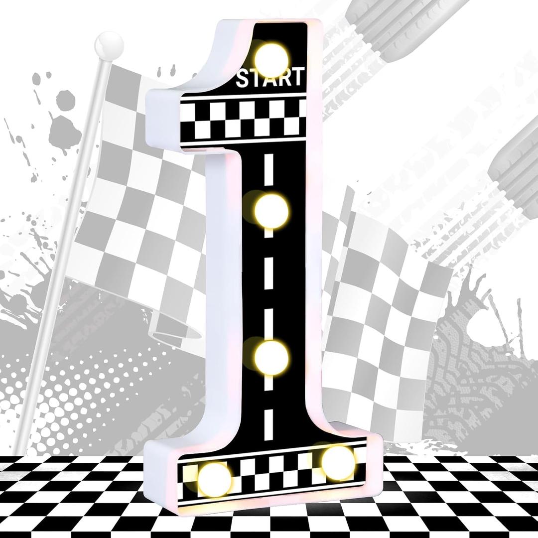 Racing Car Light up Numbers Checkered Birthday Decorations Happy Birthday Light up Sign Racetrack Inspired Decor Cars Theme Birthday Party Decorations Night Light for Racing Party Supplies (Number 1) (White+Black)
