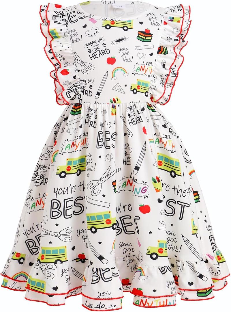 IMEKIS Toddler Kids Girls Back to School Dress Ruffle Sleeve Pencil Print Kindergarten First Day of School Outfit 3-8T (White)