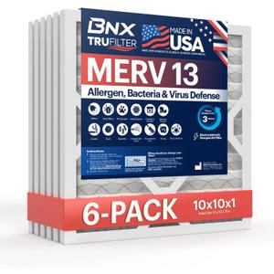 BNX TruFilter 10x10x1 Air Filter MERV 13 (6-Pack) - MADE IN USA - Electrostatic Pleated Air Conditioner HVAC AC Furnace Filters for Allergies, Pollen, Mold, Bacteria, Smoke, Allergen, MPR 1900 FPR 10