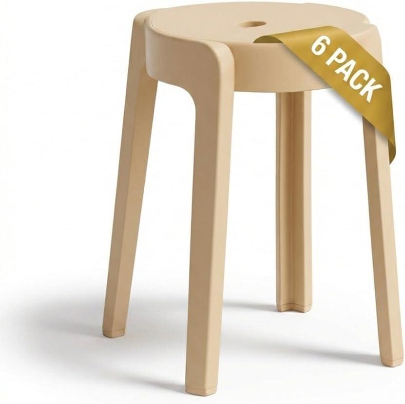 Stackable Classroom Stools Set of 6 18 Inch Durable Plastic Seating for Home Office School Supports 500 lbs| (Beige)