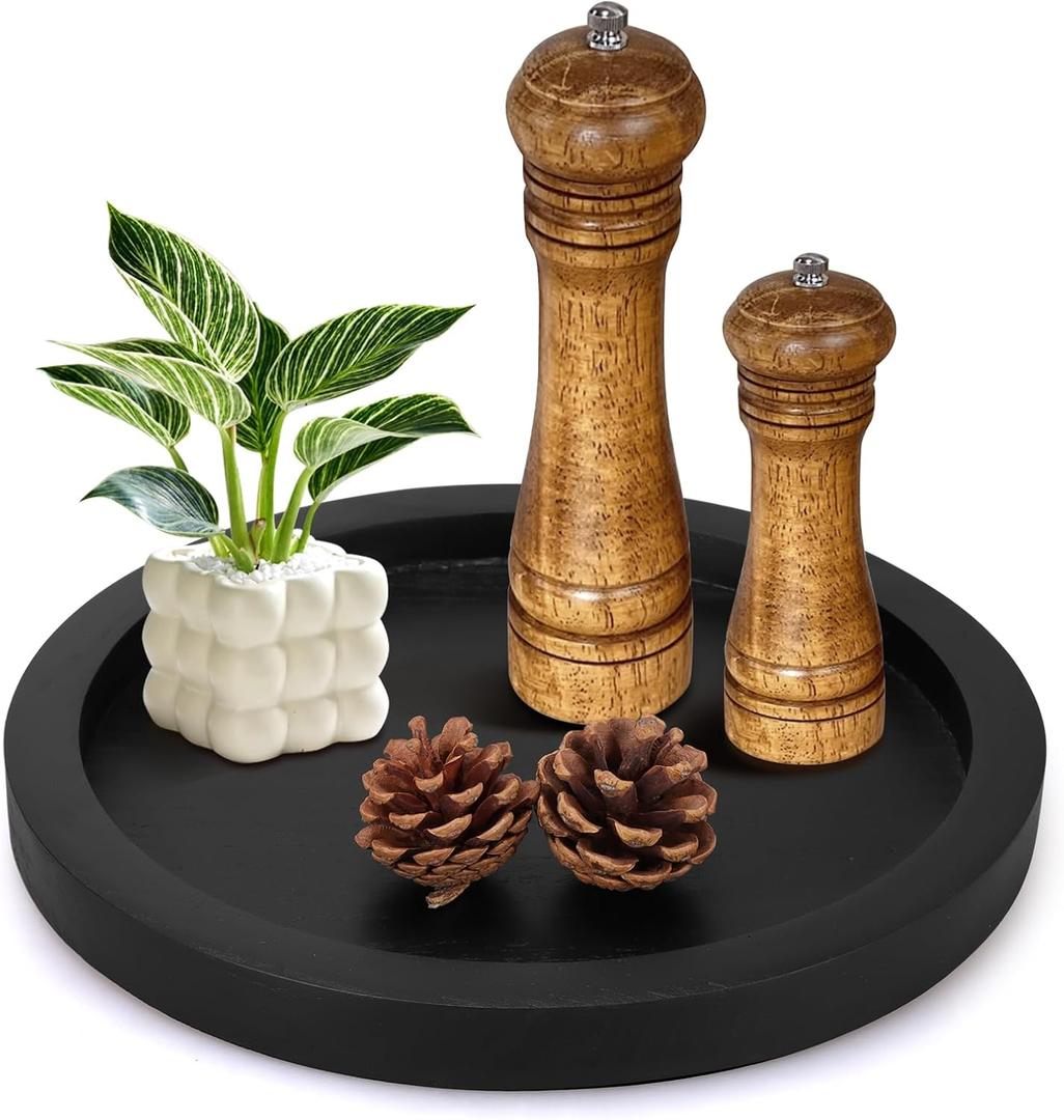 Rustic Decorative Wooden Serving Tray Home Decor Round Ottoman Coffee Table Trays Farmhouse Living Room Dinner Table Centerpiece Accessories Wood Candle Holder Tray for Kitchen Counter Bathroom Vanity (12", Black)