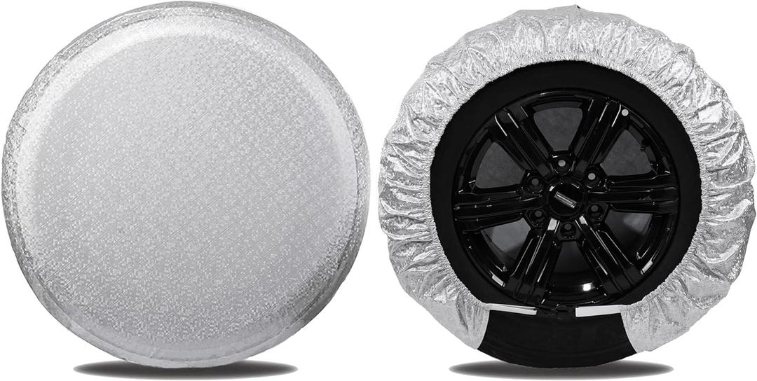 MOONET Tire Covers for RV Wheel (2 Pack Silver), Oxford Waterproof UV Sun Protectors for Motorhome Boat Trailer Camper Van SUV, D81cm x H28cm for Diameter 30"-32"