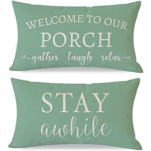 PANDICORN Welcome to Our Porch Stay Awhile Eucalyptus Green Outdoor Farmhouse Lumbar Decorative Throw Pillow Covers 12x20 Inch Set of 2 Cozy Relax Spring Summer Decoration for Sofa Couch Porch Decor