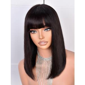 Bob Wig Human Hair 210% Density Bob Wig with Bangs 100% Human Hair Wigs for Black Women Pre-Bleached Glueless Straight Bob Wigs(14Inch,black bob wig)