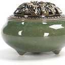 Colorful Ceramic Ice Cracked Incense Burner, Household Incense Holder, Zen Buddha Cone Coil Stick Incense Base with Cover (Green)