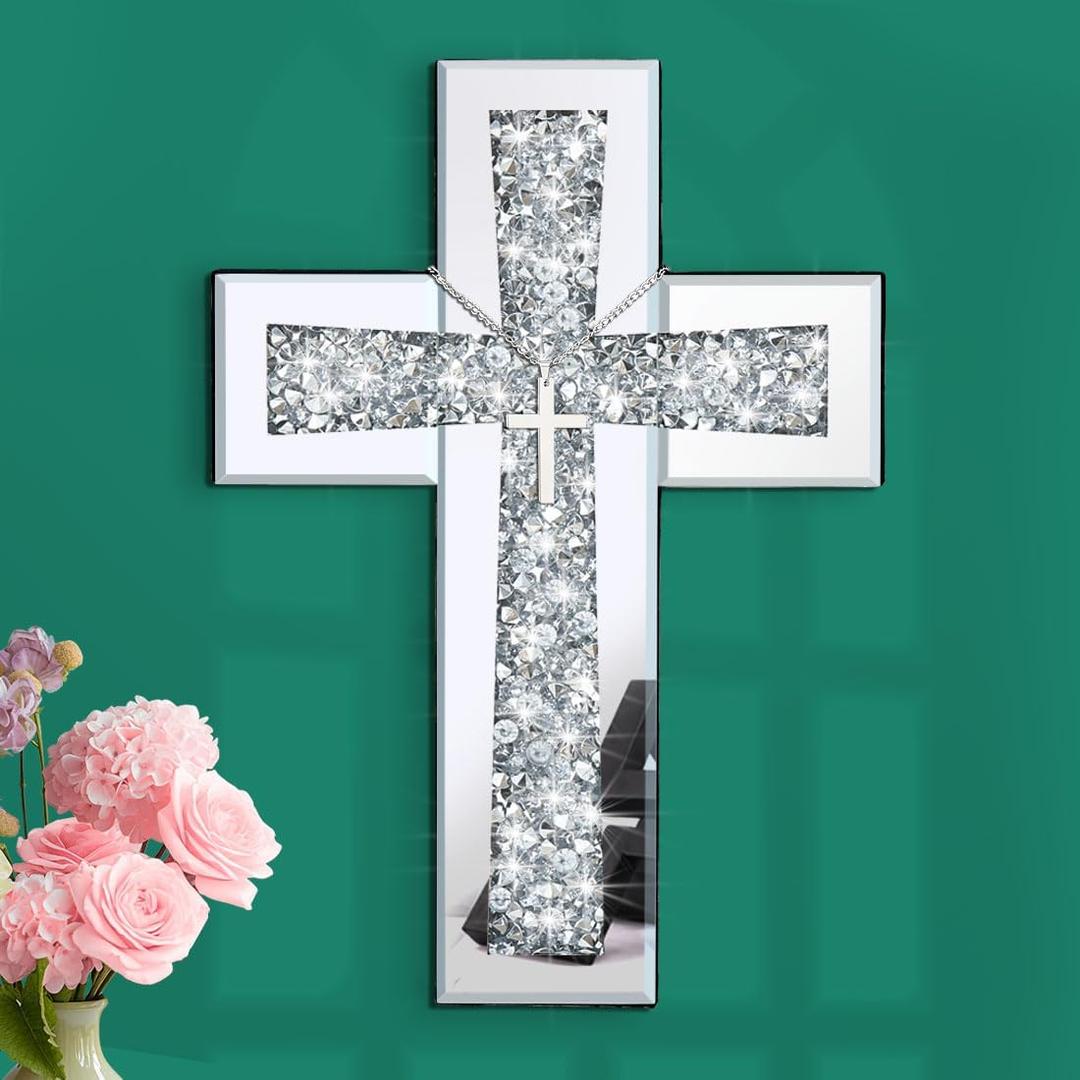 Cross Wall Decor, Silver Mirrored Cross for Living Room, Crystal Crush Diamond Mirror Crosses, Religious Wall Art, Home Decor (15"L x 10"W)