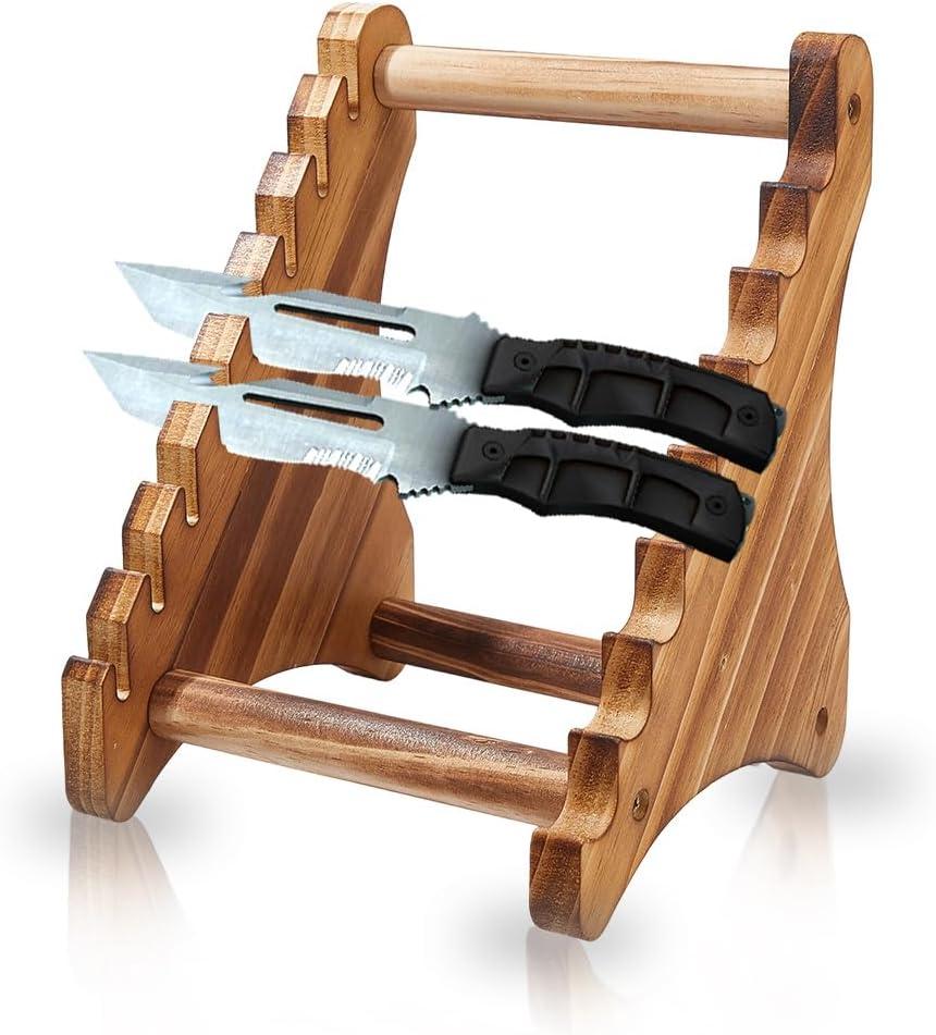 DICOSMETIC 1Set 8-Tier Knife Block Wood Knife Display Stands BurlyWood Knifes Holder Wooden Knifes Display Case 6.69x6.5x8.46 Inch Wood Kitchen Rack for Home Decor