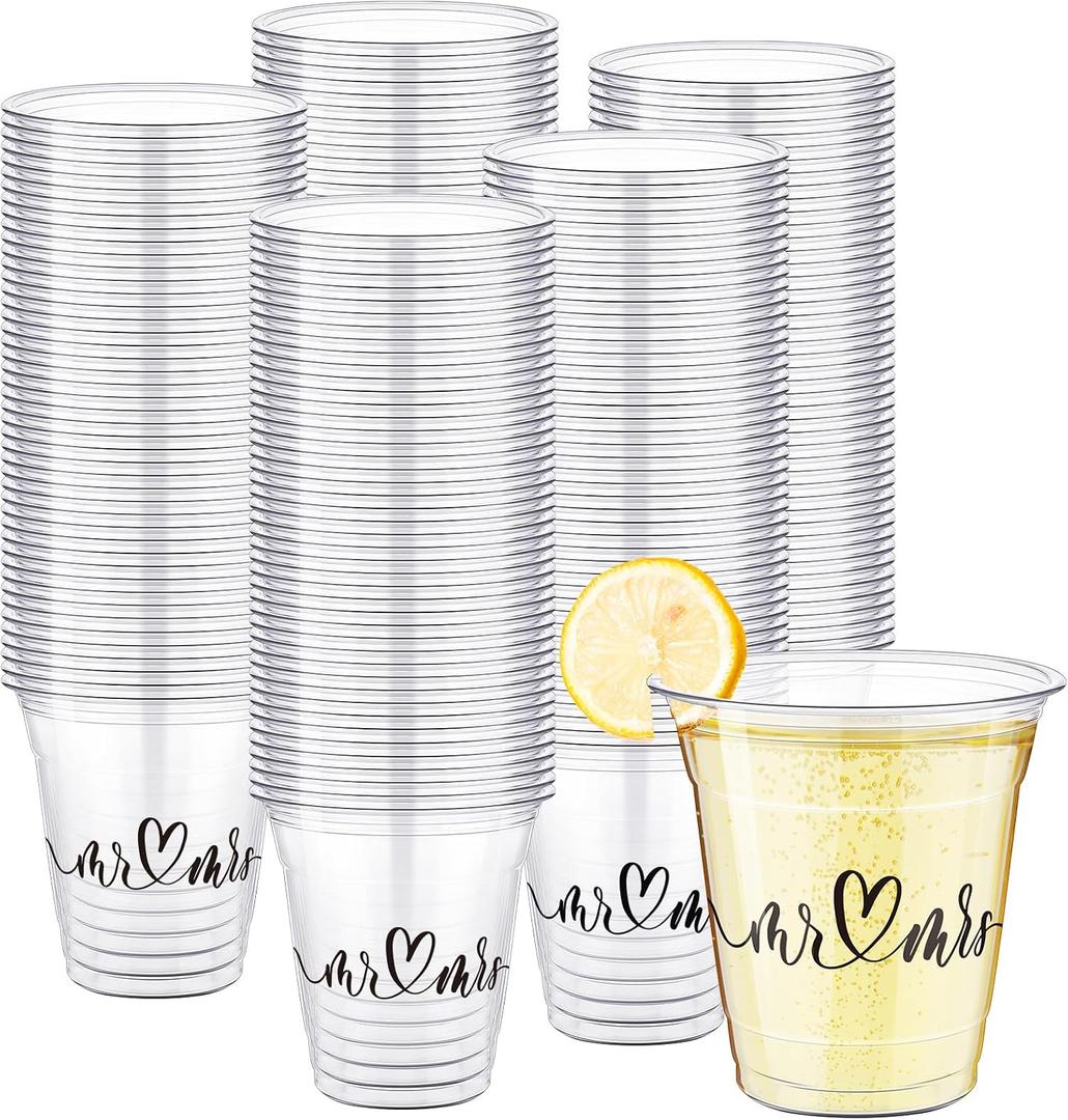 Dandat Disposable Wedding Plastic Cups Bulk 10oz Wedding Reception Cup Disposable Clear Plastic Glasses for Reception Supplies Bridal Shower Anniversary Birthday Party (200 Pack,Mr and Mrs)