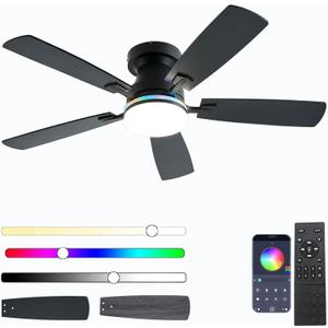 Ceiling Fans with Lights, 48 inch Low Profile Ceiling Fan with Light and Remote Control, Flush Mount RGB Dimmable Light, Noiseless, Black Ceiling Fan for Bedroom Indoor/Outdoor Use