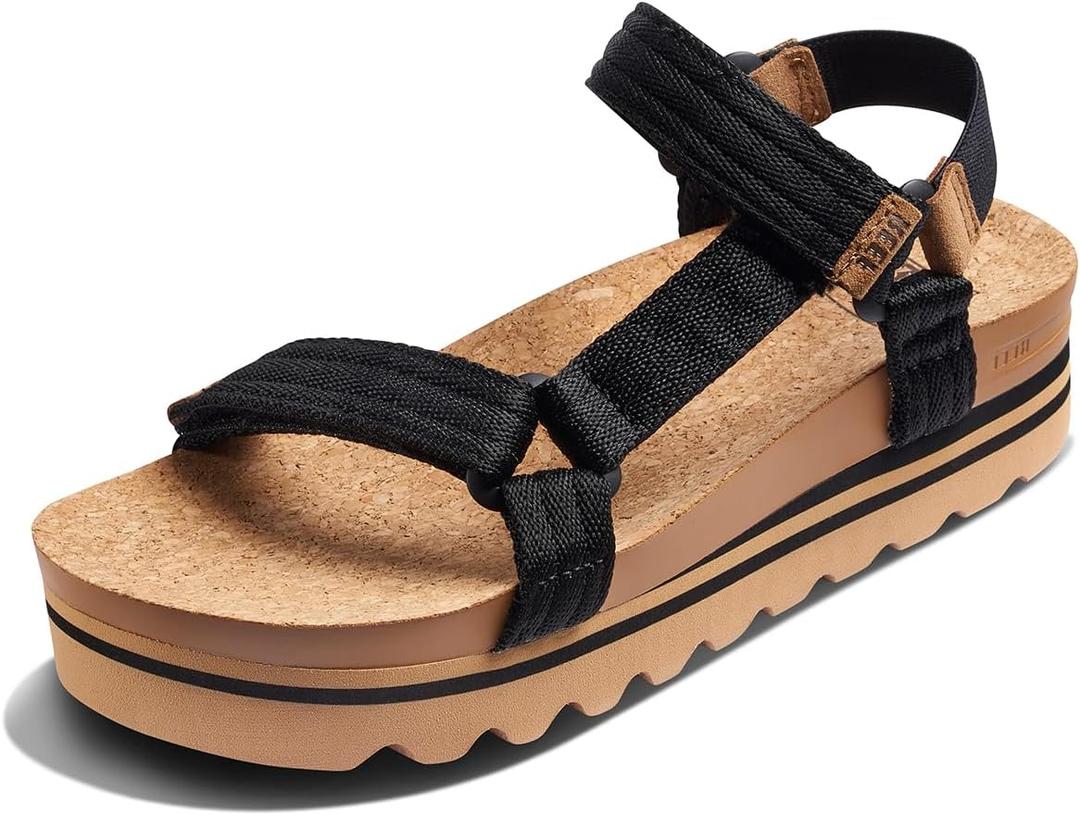 REEF Cushion Rem Hi Women's Platform Sandal, Adjustable Strap, Arch Support and Heel Cupping, Black/ Tan, 7.5