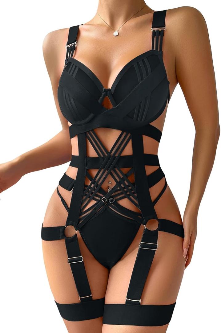 Lilosy Sexy Strappy Crisscross Cutout Underwire Garter Belt Lingerie Set Rave Outfits (Large, Black)
