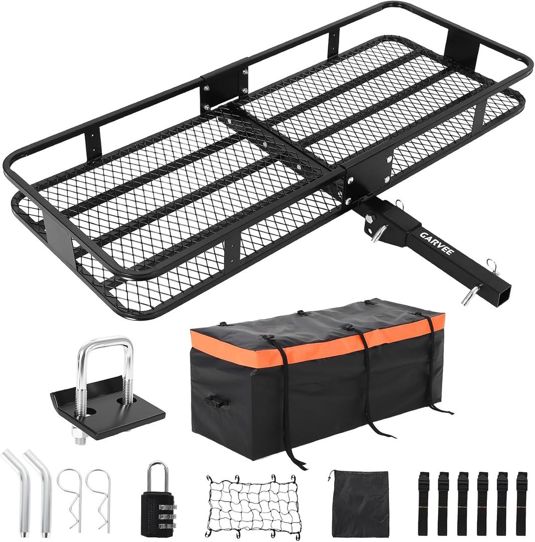 GarveeTech 72" x 30" x 6" Heavy-Duty Folding Hitch Cargo Carrier 600 Lbs Capacity, Includes Ratchet Straps & Waterproof Bag, Integrated Hitch Lock & Reflective Panels, Fits 2" Receiver for SUVs
