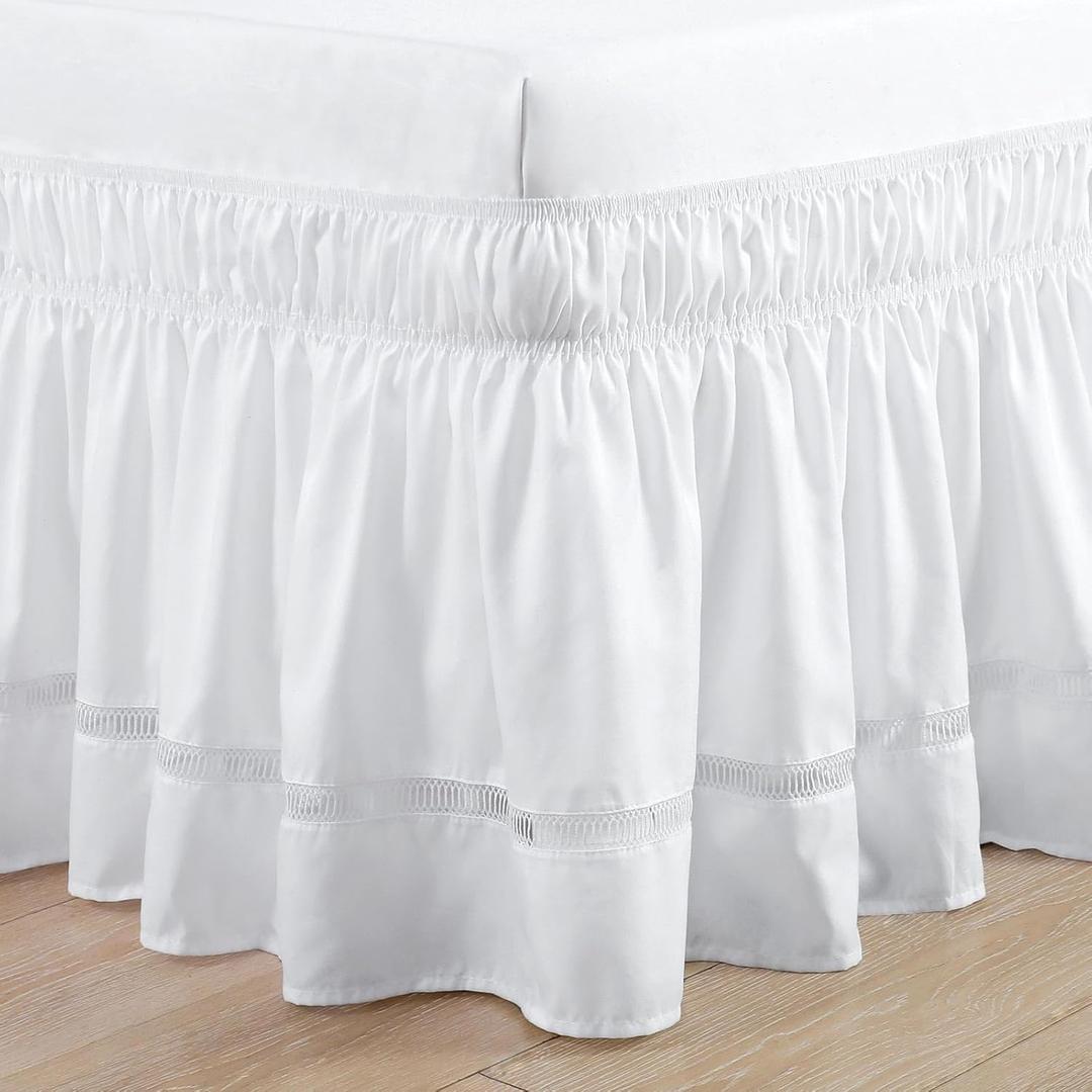 RIMELA Full Bed Skirt 18 Inch Drop White, Wrap Around Elastic Bed Skirts Full Size Dust Ruffle, Bedskirt for Adjustable Bed Base Solid Silky Fabric Machine Washable Easy to Install