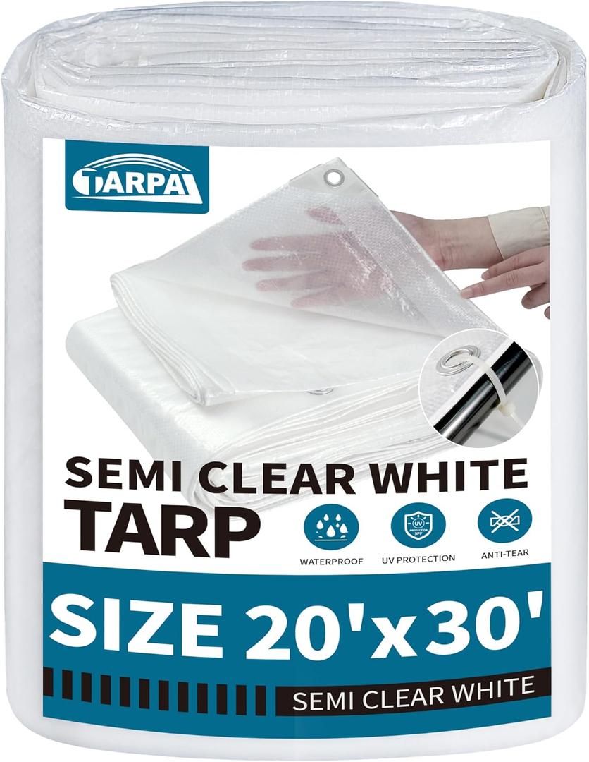 TARPAL 20'x30' Semi Clear White Tarp Waterproof Green House Cover with Grommets 7.5mil Clear Poly tarps for Gardening,Farm, Garden,Chicken Coops，Outdoor