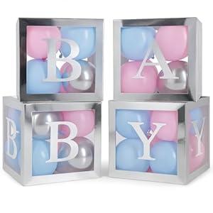 Baby Shower Boxes with Letters – Silver Boxes with Macaron Pale Pink, Blue, and Silver Balloons – 44-Piece Gender Reveal & Party Decoration Set by Vellax