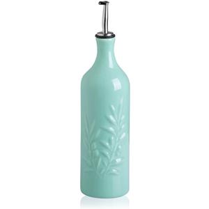 Sweejar Ceramic Olive Oil Dispenser Bottle, 24 Oz Relief Design EVOO Oil and Vinegar Dispensing Bottle with Spout for Kitchen, Set of 1 (Turquoise)