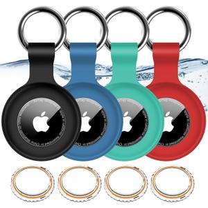 4 Pack, IPX8 Waterproof AirTag Holder for Apple AirTags with AirTag Keychain, Shockproof GPS Cover [Anti-Scratch] [PC+Silicone] AirTag Item Finders Case for Pets, Kids, Luggage - Black/Blue/Green/Red (A0-Black+Blue+Green+Red)